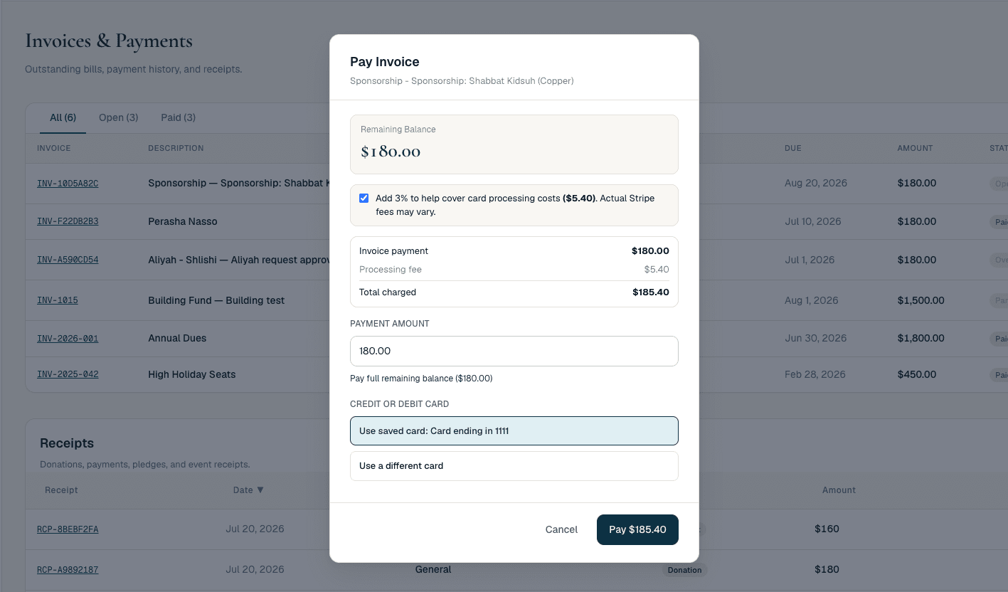 GabbaiPro congregant payment screen